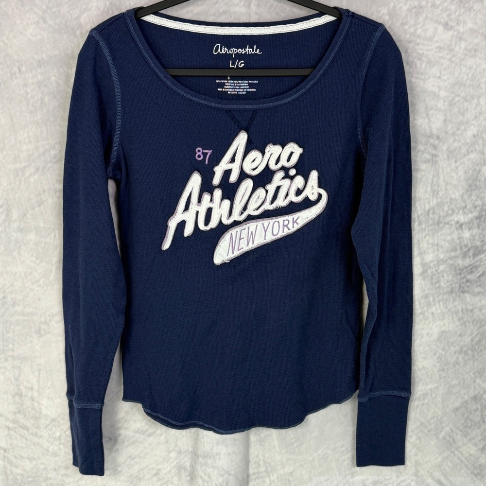 Vtg Y2k Aeropostale‎ Womens L Navy Thermal Long Sleeve top preppy mall